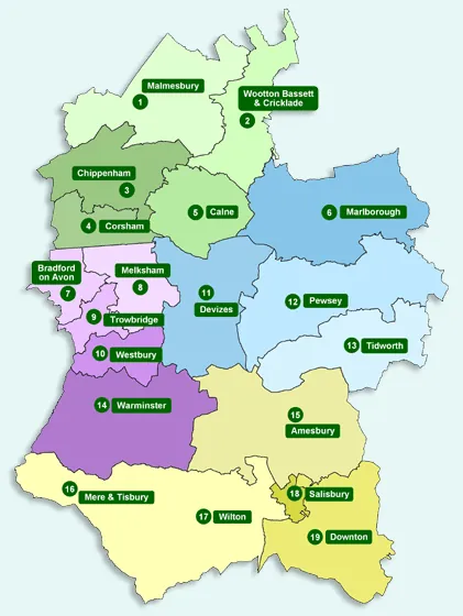 Map of Wiltshire's 19 community areas. Pewsey is area 12, in the east of the county between Devizes, Marlborough, Tidworth and Amesbury.